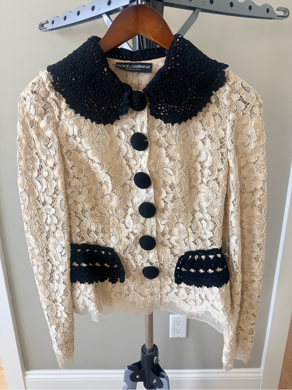 Dolce & Gabbana Cream Lace Jacket with Black Crochet Collar and Trim